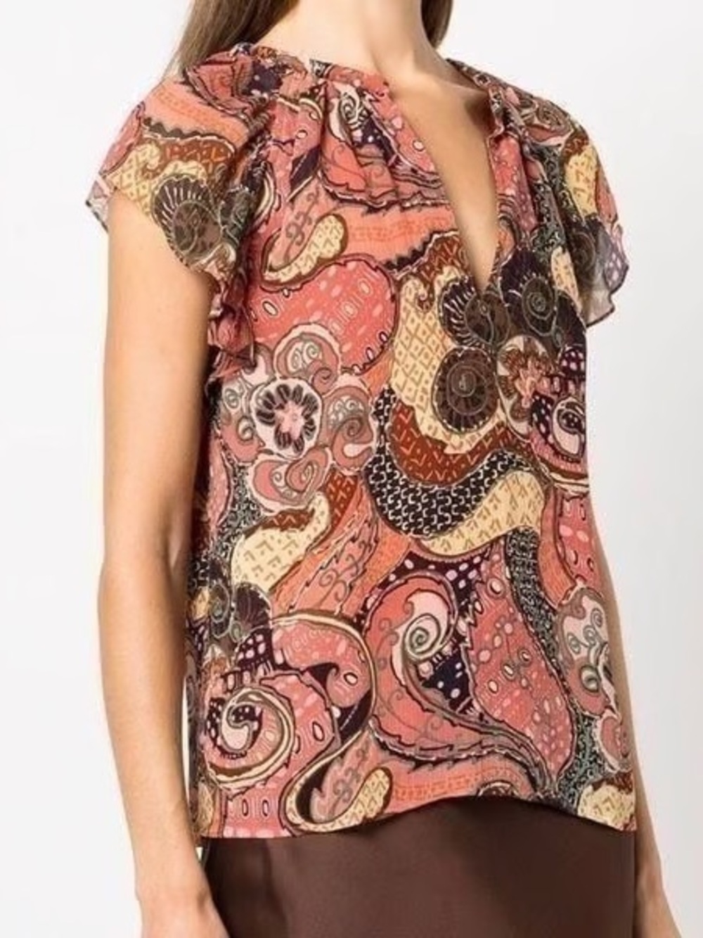 Joie Boho Floral Retro Chiffon Flutter Blouse Coral Orange Lined Size Small